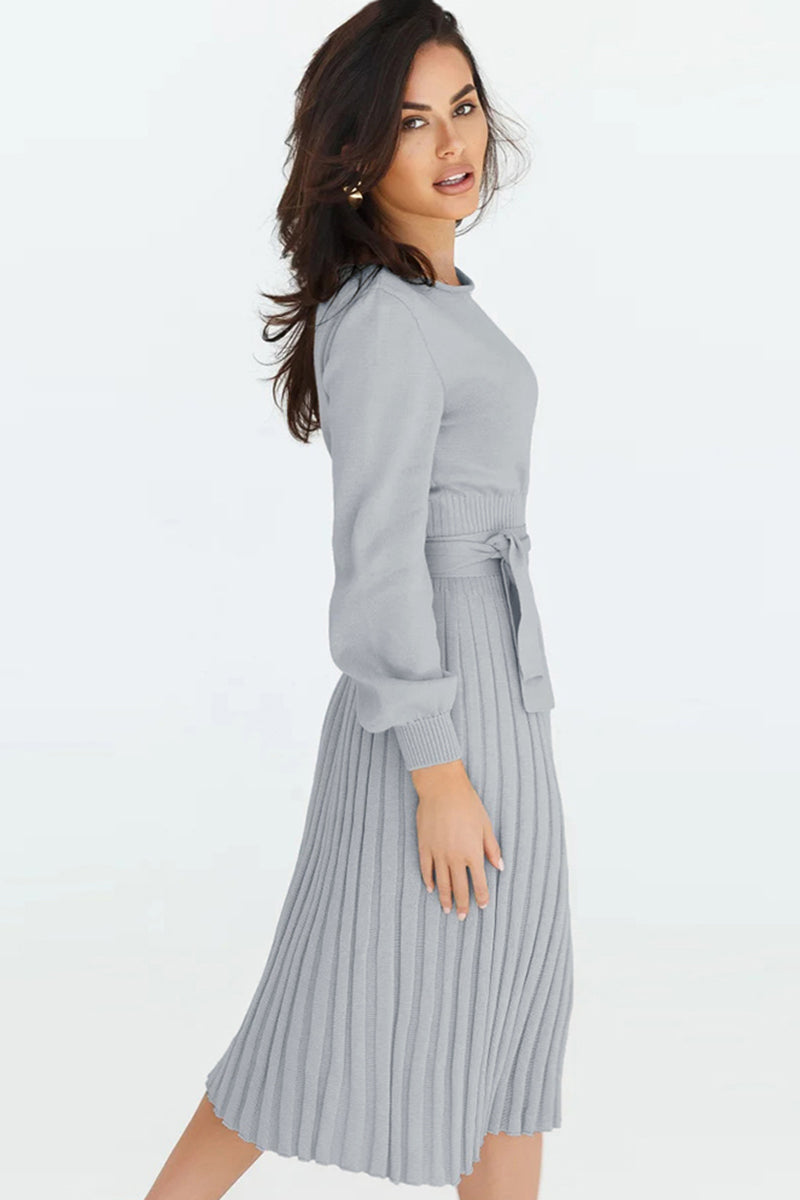 Round Neck Long Sleeve Pleated Sweater Dress