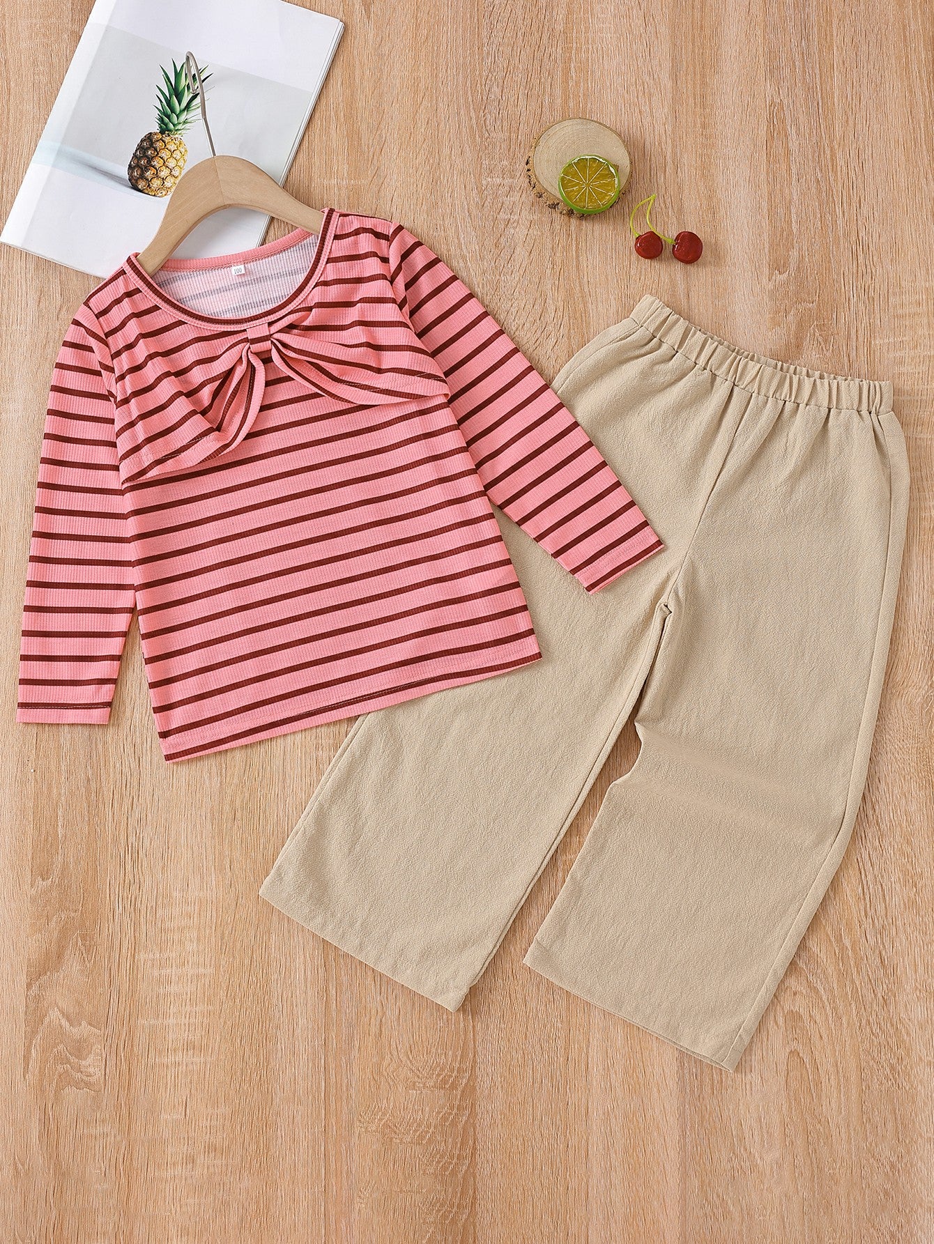 Girls Striped Bow Detail Top and Elastic Waist Wide Leg Pants Set