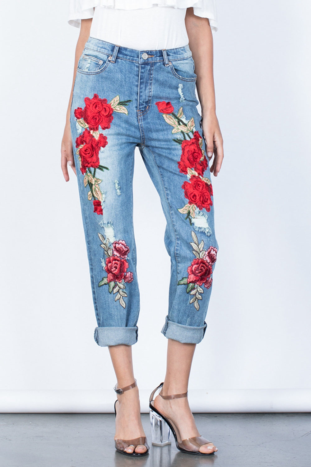 Full Size Flower Embroidery Buttoned Jeans