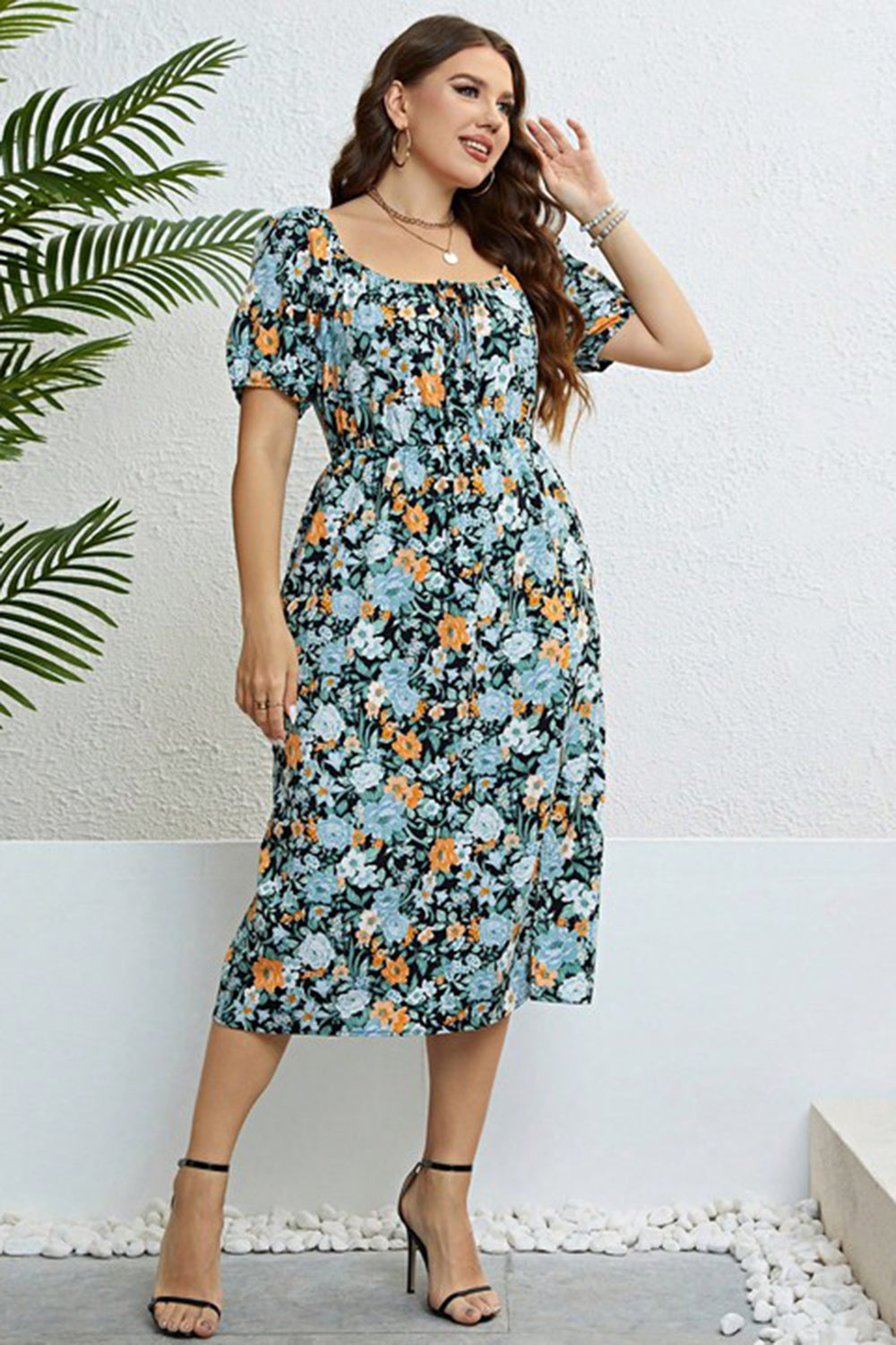 Plus Size Floral Short Sleeve Slit Dress