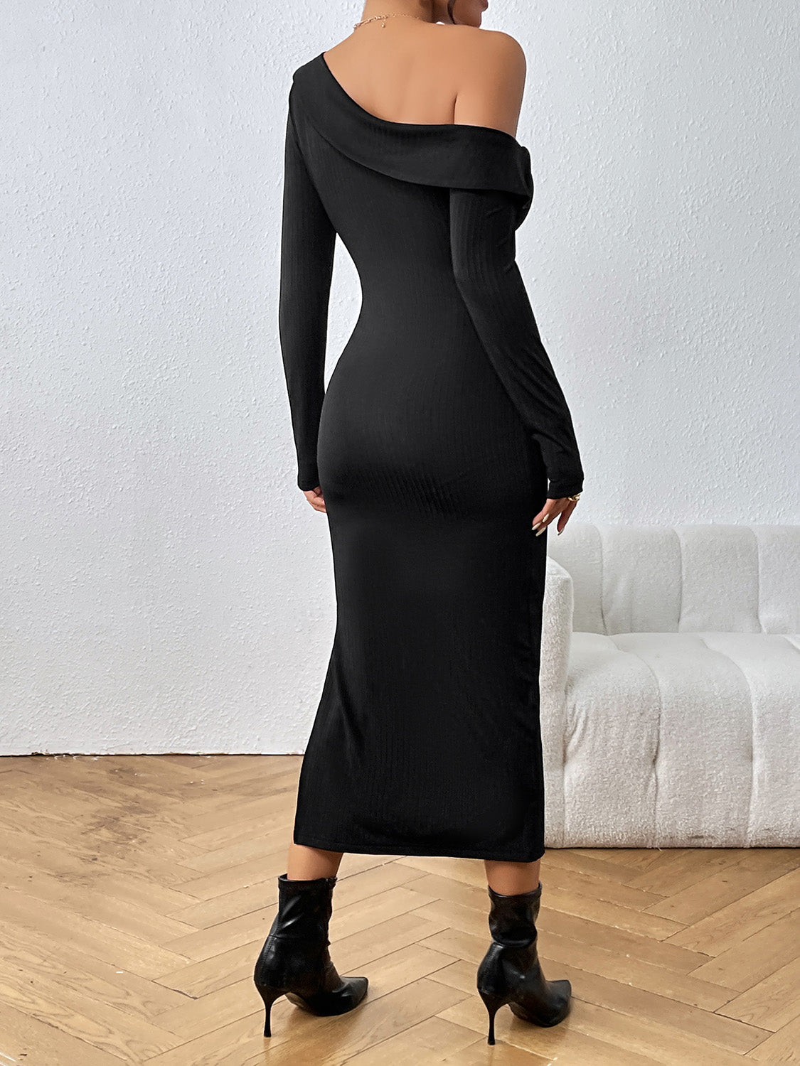 Asymmetrical Neck Long Sleeve Slit Dress