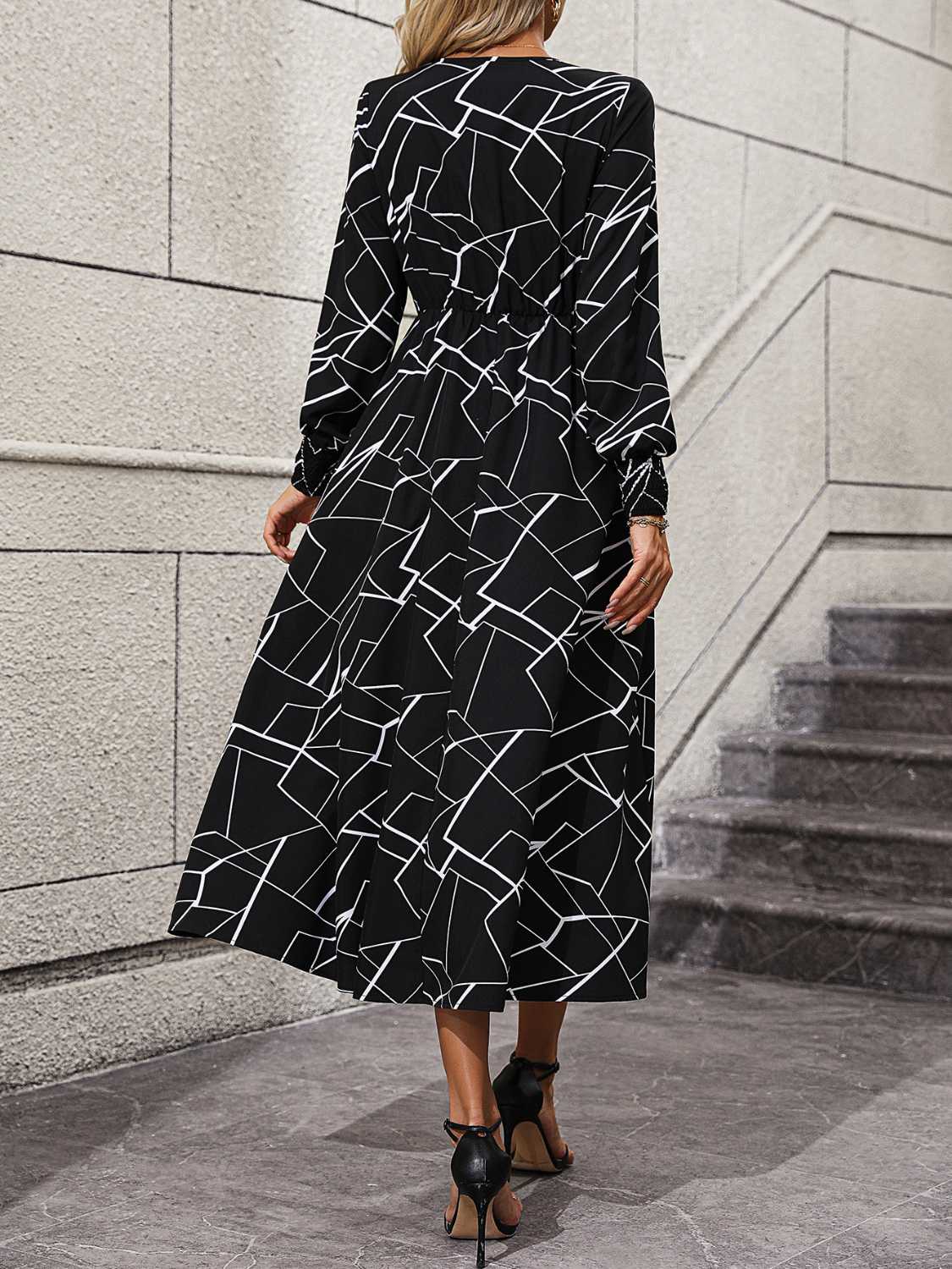 Geometric V-Neck Lantern Sleeve Dress