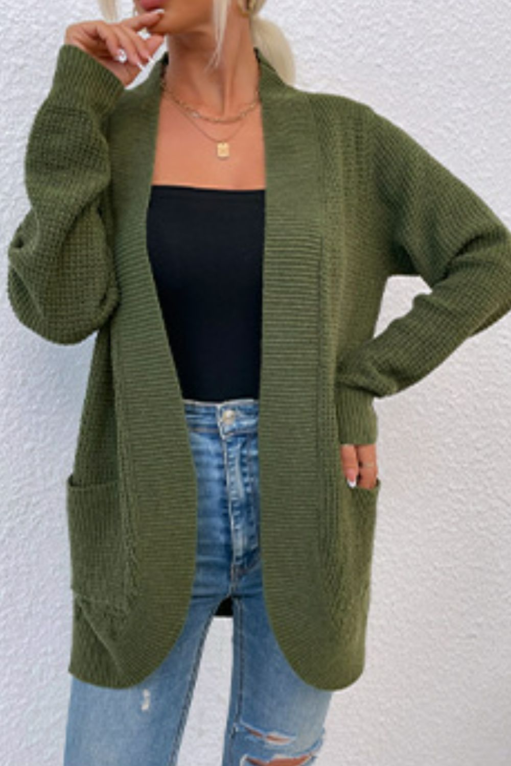 Open Front Rib-Knit Cardigan with Pockets