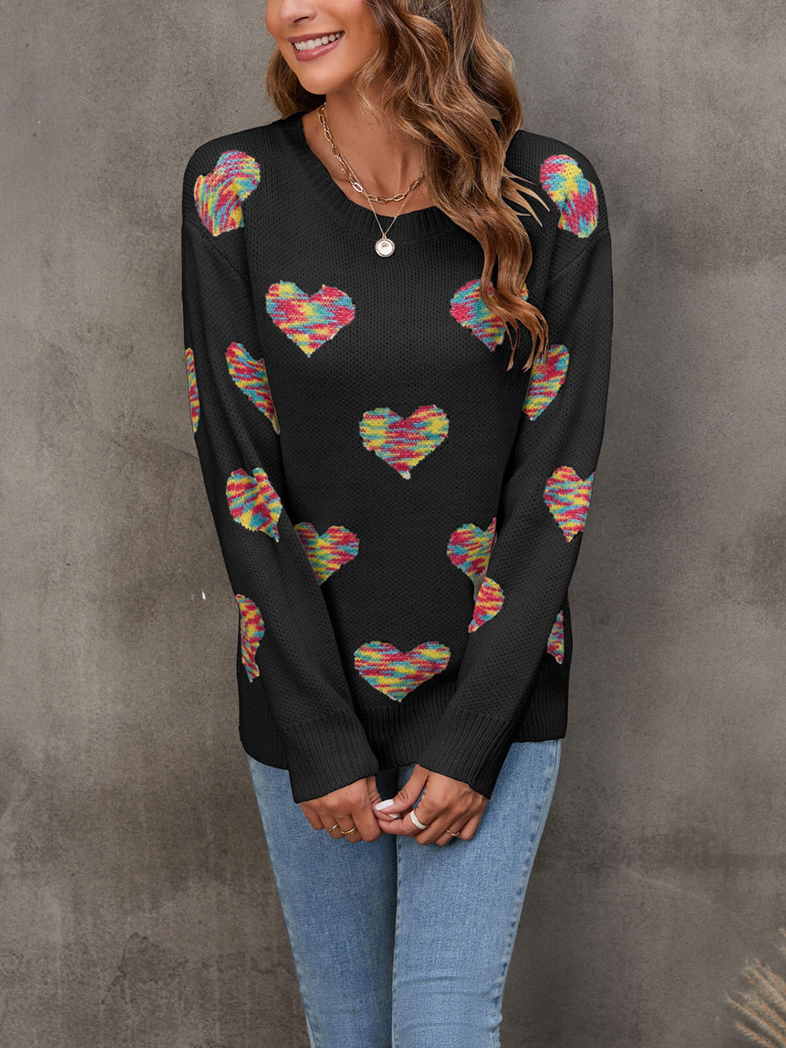 Heart Round Neck Ribbed Trim Sweater