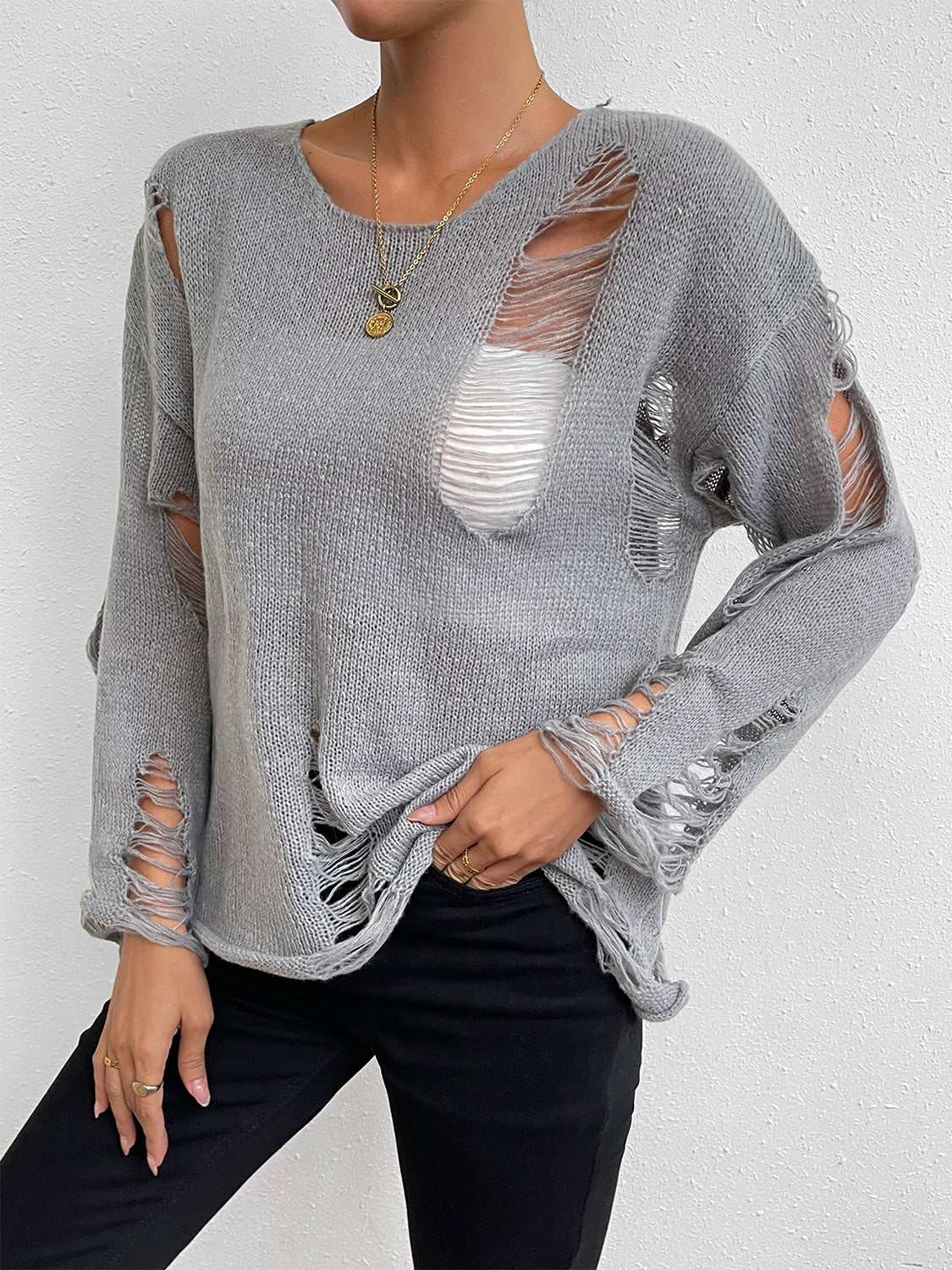 Distressed Round Neck Knit Top
