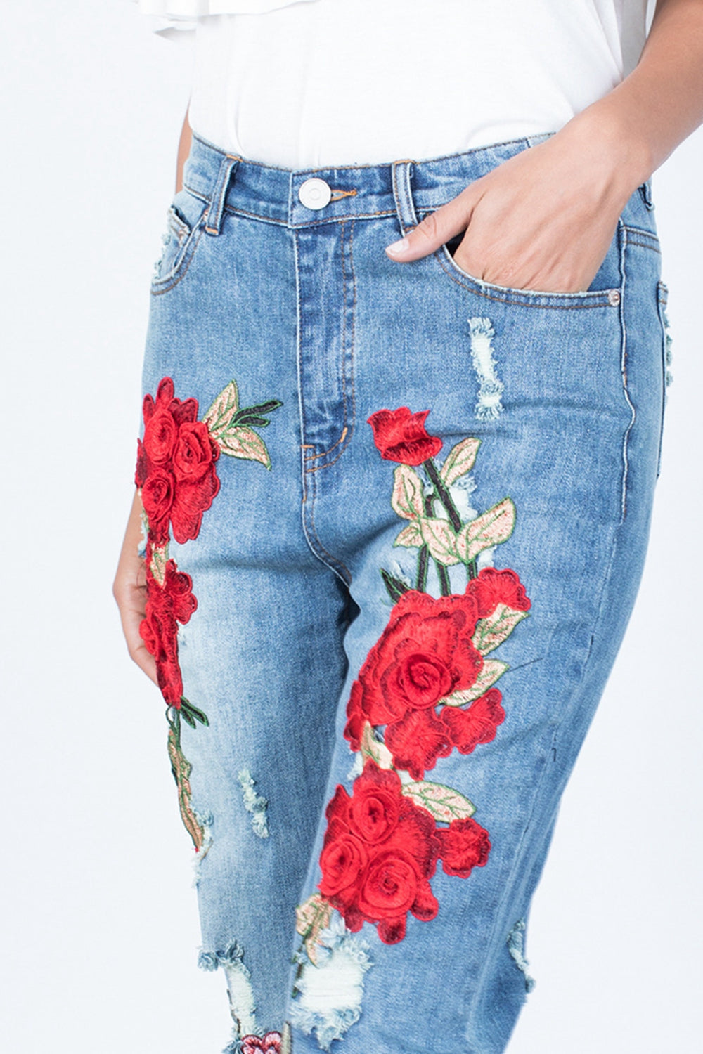 Full Size Flower Embroidery Buttoned Jeans