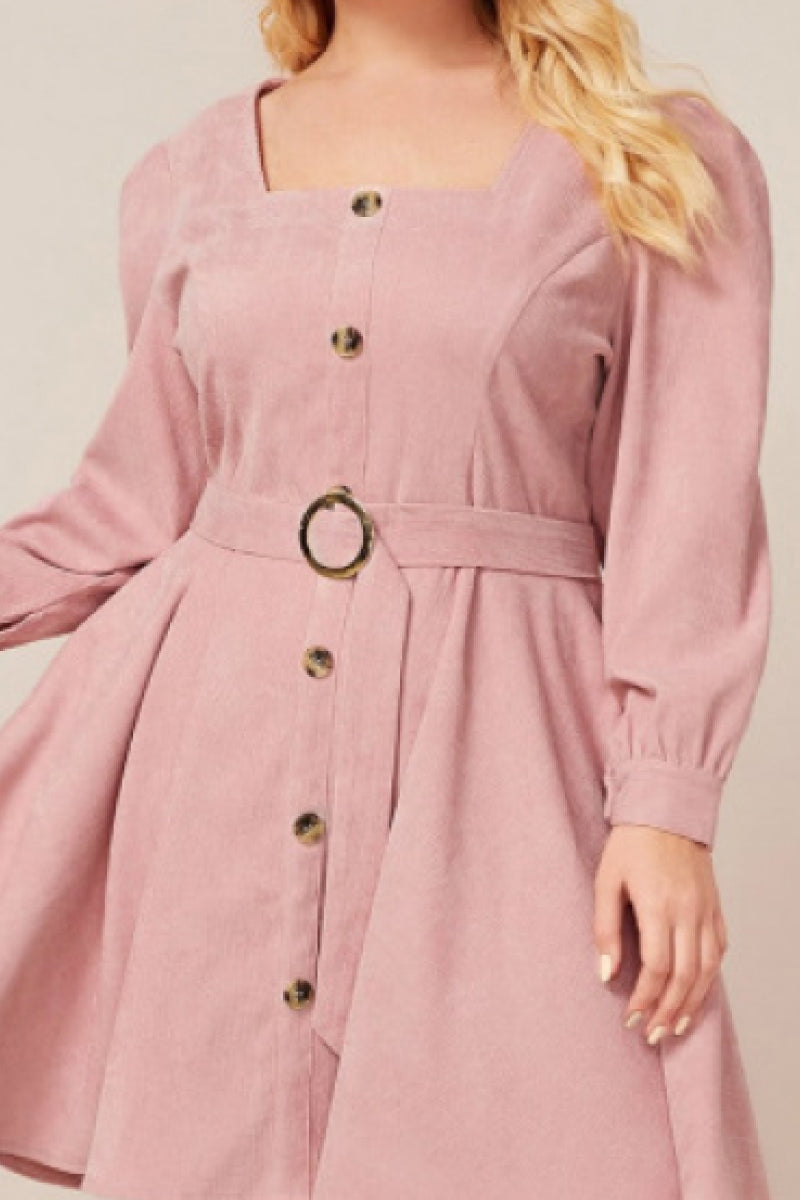 Square Neck Long Sleeve Button up A Line Dress