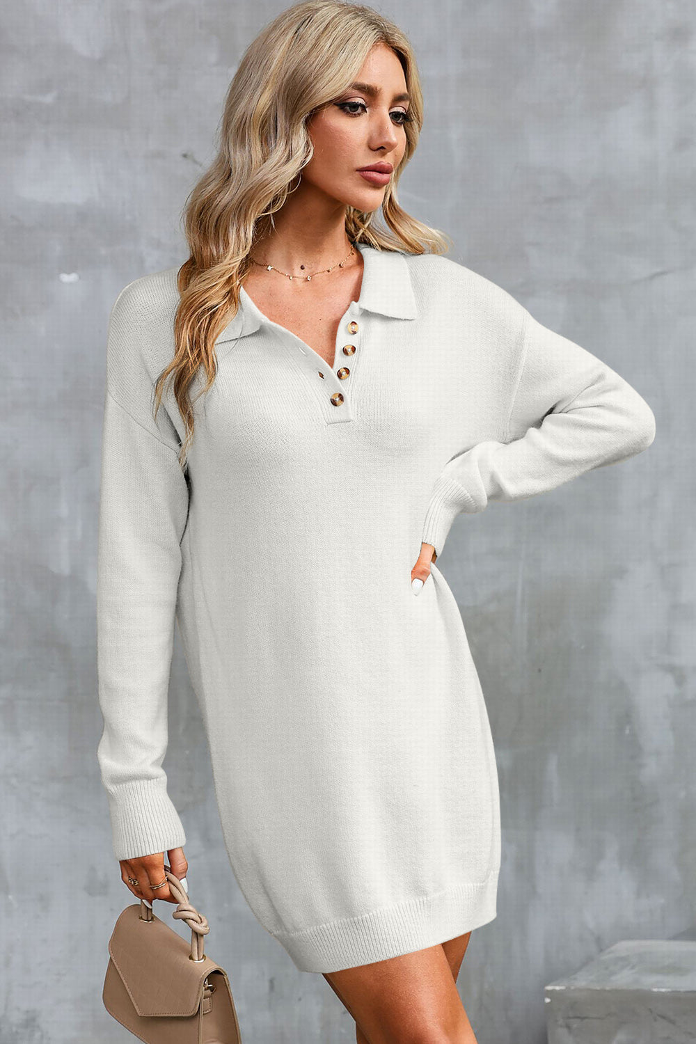 Buttoned Long Sleeve Sweater Dress