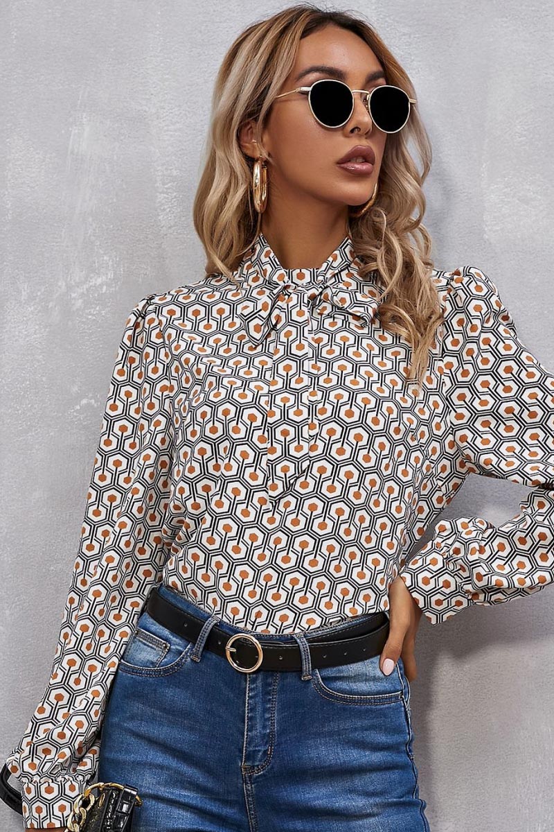 Floral Bow Tie Neck Ruffle Shirt