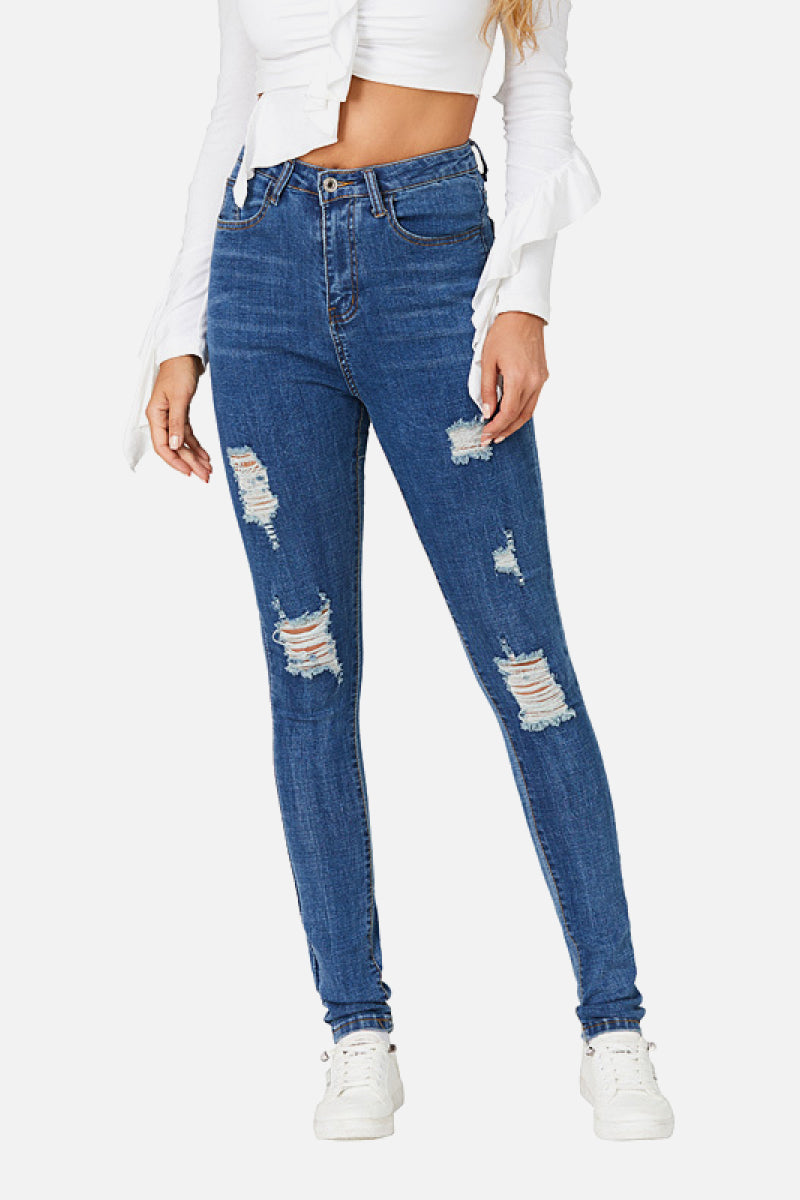Distressed High Rise Slim Fit Jeans