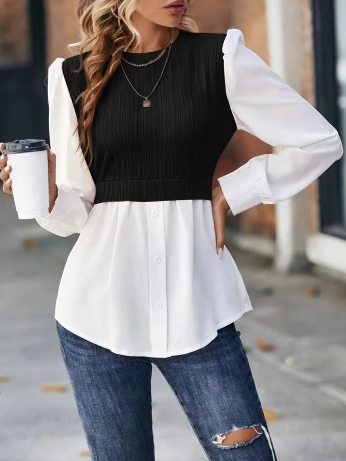 Contrast Round Neck Puff Sleeve Blouse