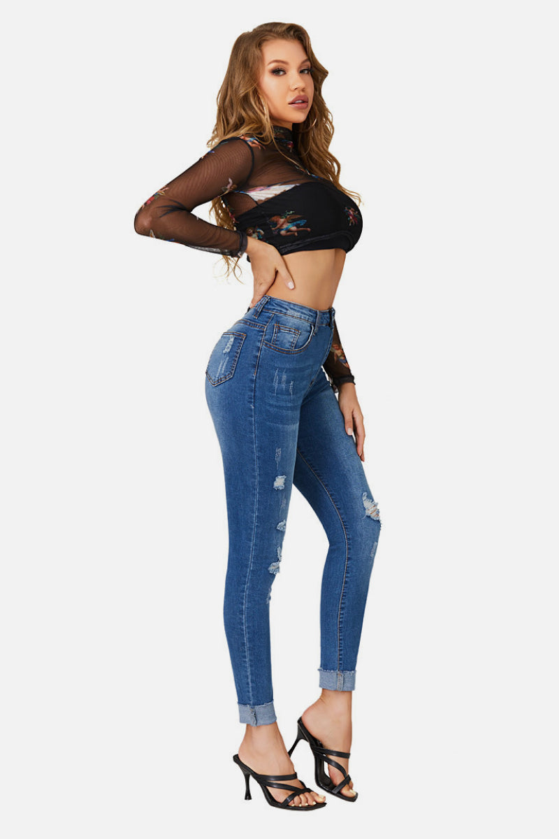 Distressed Roll Up Skinny Jeans