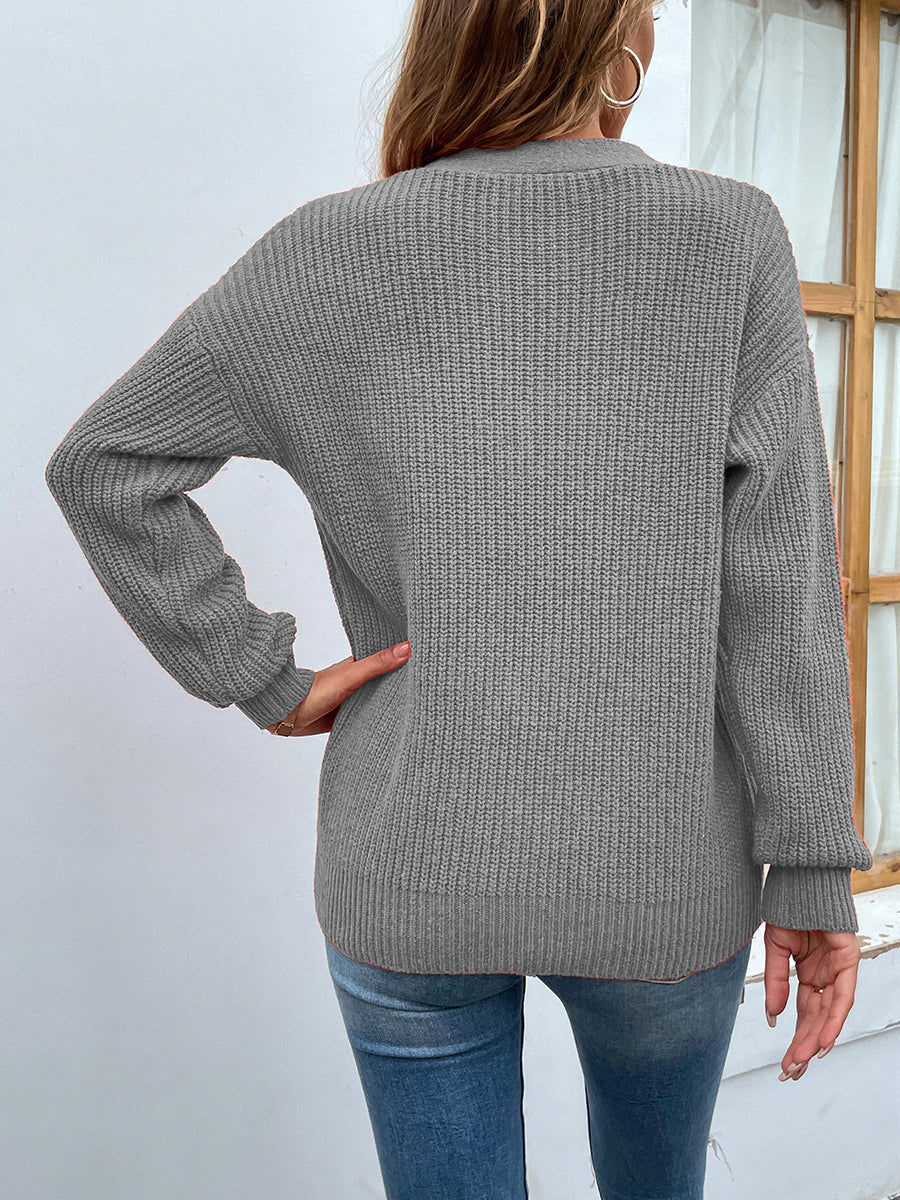 Cutout V-Neck Rib-Knit Sweater
