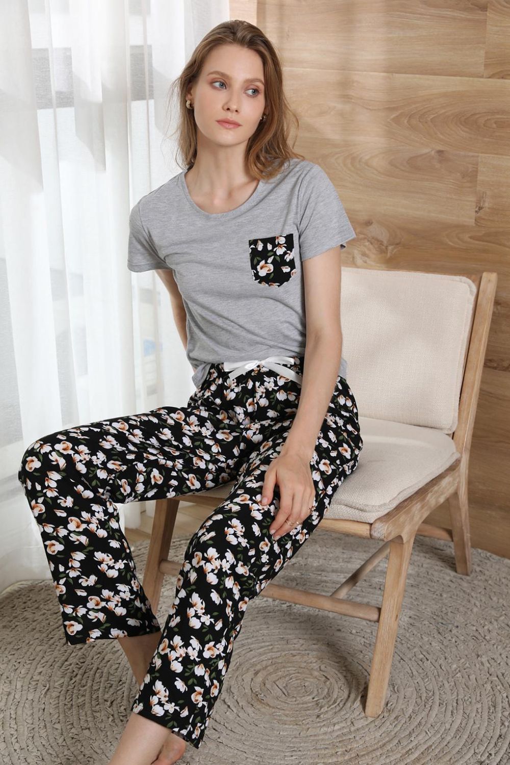 Round Neck T-Shirt and Floral Pants Lounge Set