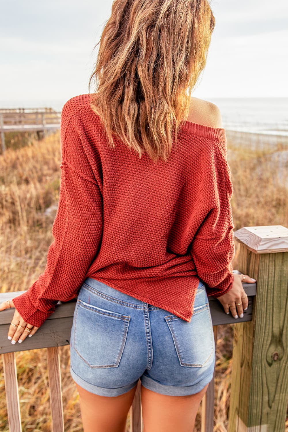 Buttoned Drop Shoulder Slit Sweater