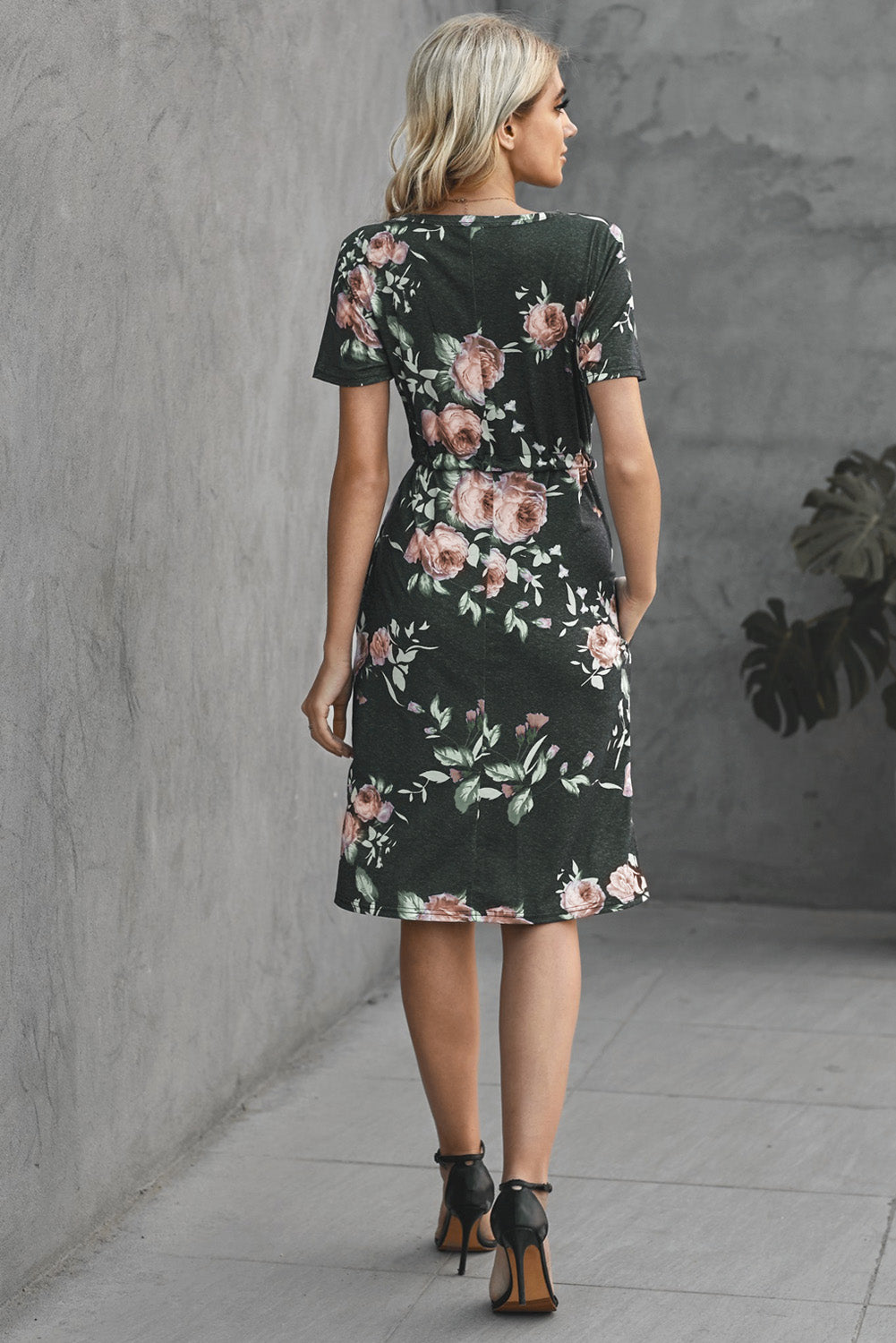 Pocketed Drawstring Casual Floral Dress