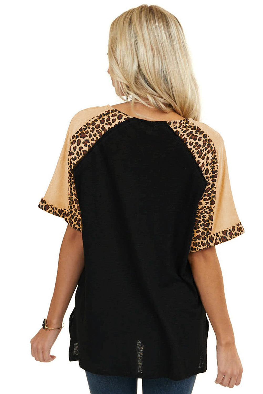 Leopard Print Color Block Sleeves Tunic Top