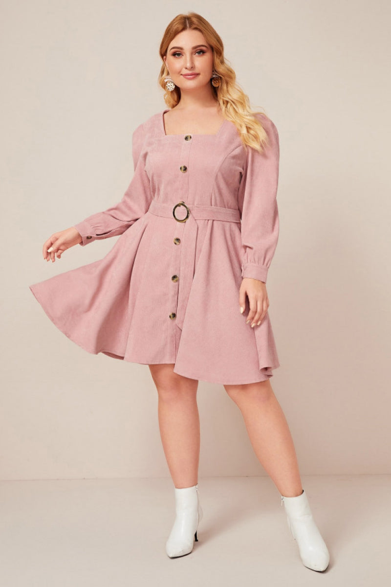 Square Neck Long Sleeve Button up A Line Dress