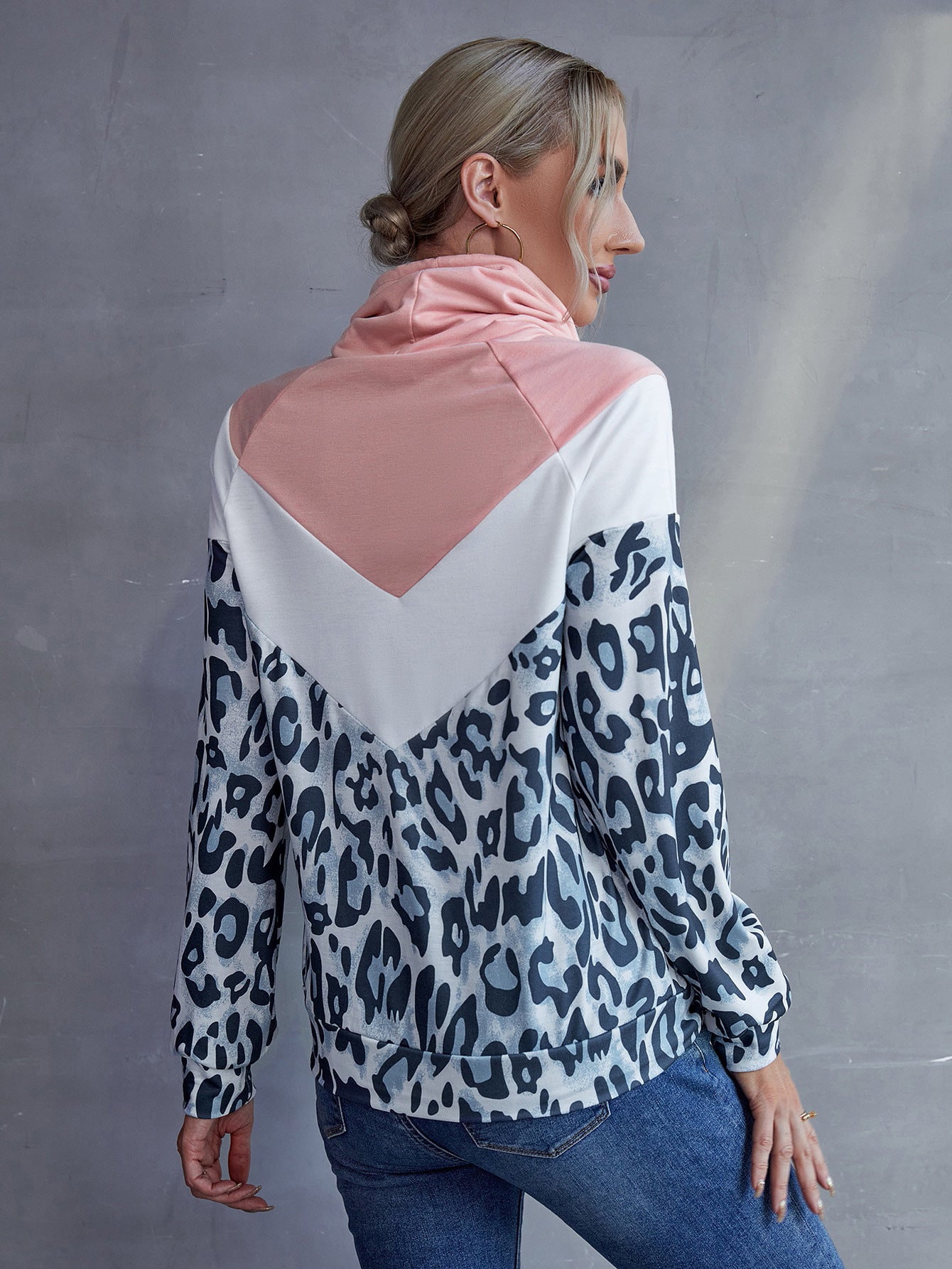 Leopard Color Block Drawstring Sweatshirt