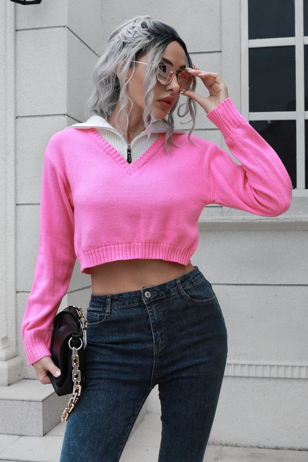 Contrast Collared Cropped Sweater