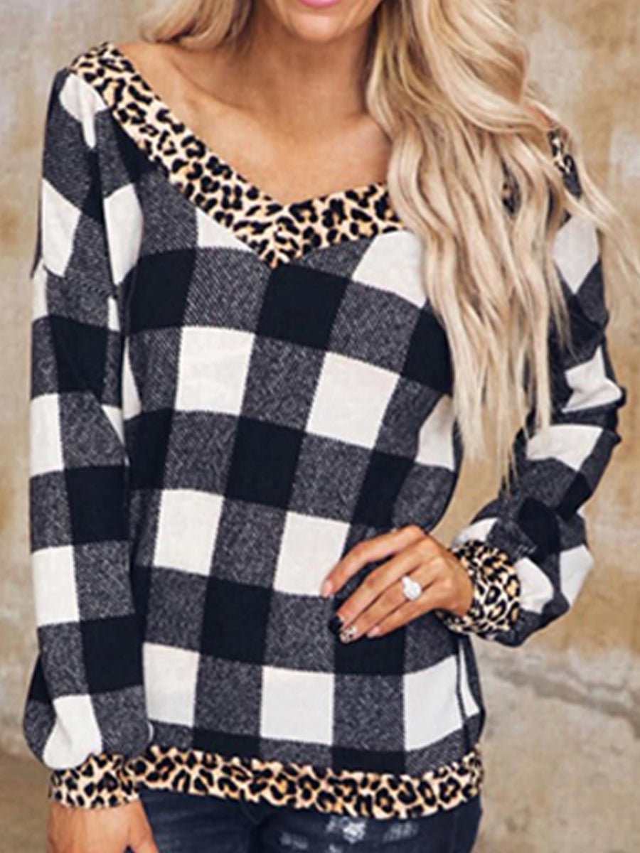 Plaid Leopard V-Neck Sweatshirt