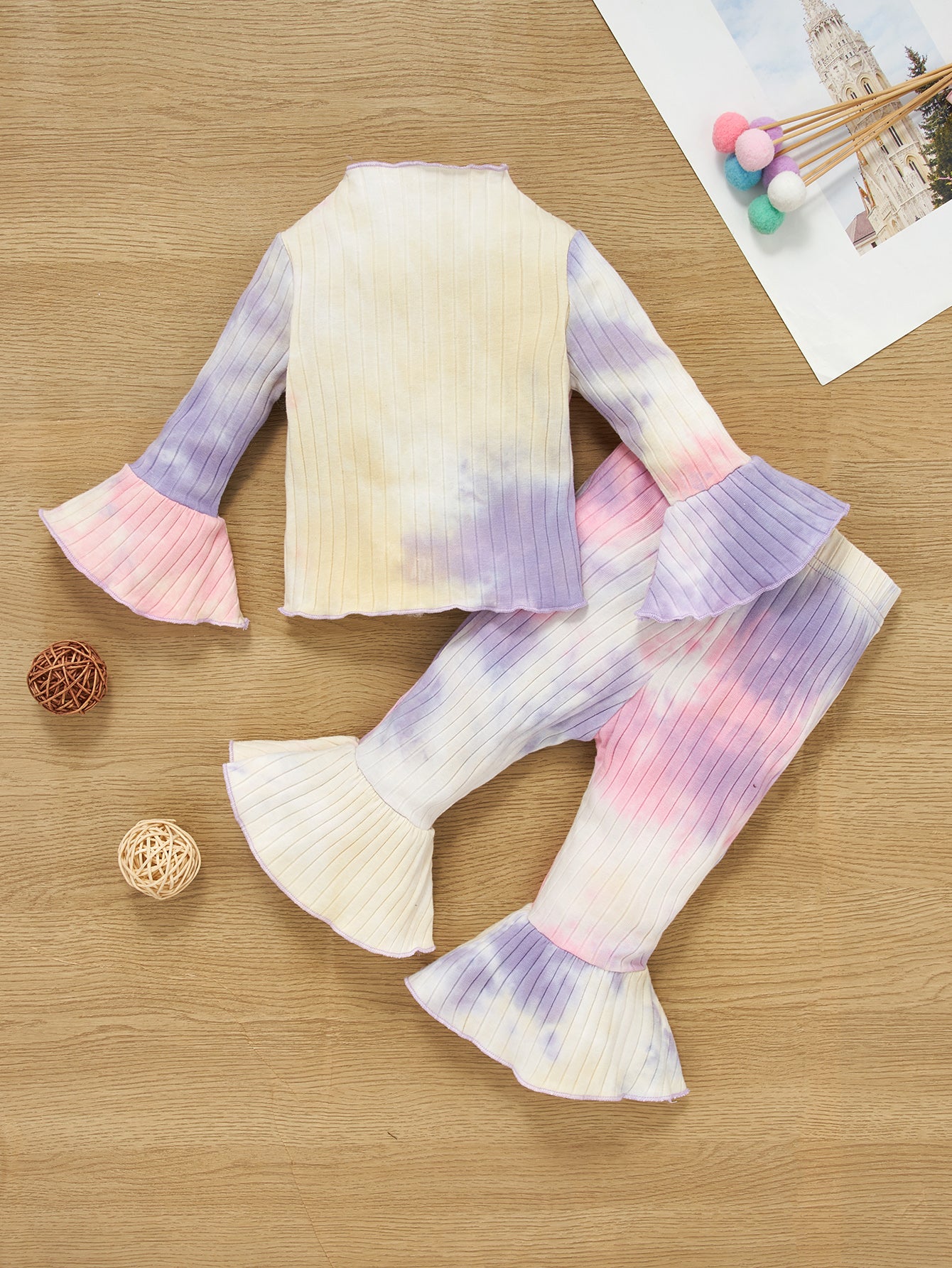 Baby Girl Tie-Dye Ribbed Bell Sleeve Top and Bell Bottoms Set