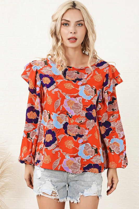 Floral Round Neck Ruffled Blouse